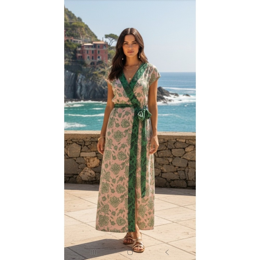 Saunders Satin Wrap Dress Womens 12 Pink Green Floral Maxi Resort Vacation Cruis